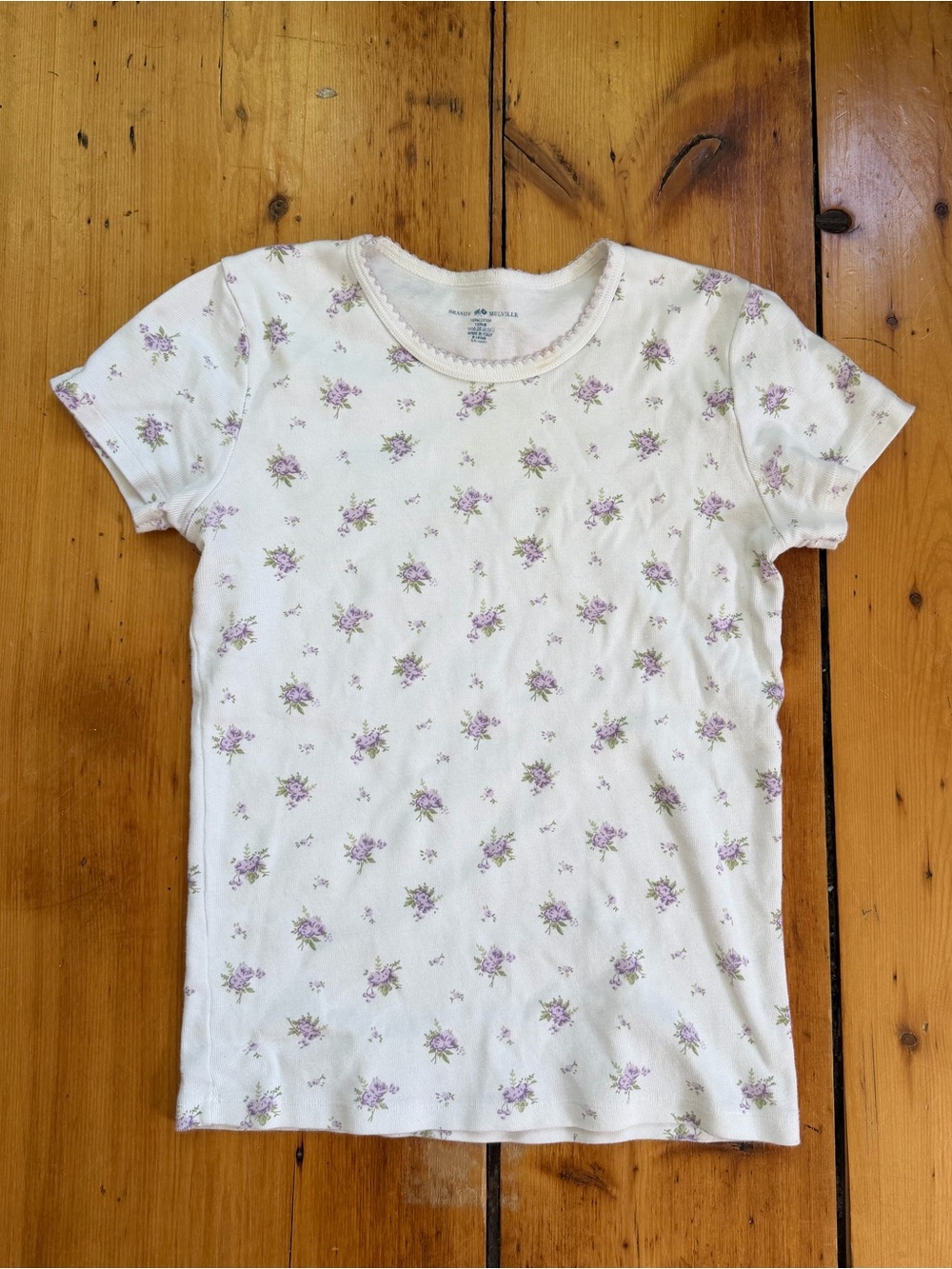 Brandy Melville White Tee with Lavender Floral Print Like New